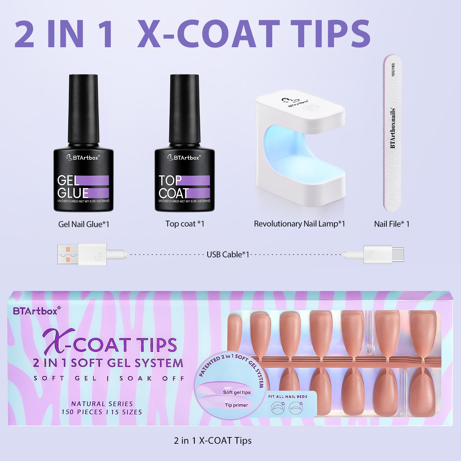 BTArtbox Almond Nail Tips - 150pcs Medium Fake Nails Kit with Soft Gel, Nail Glue, Top Coat & UV Lamp | Pre-Colored Press On Nails for DIY Nail Art | Perfect for Home Manicure, Salon Use & Special Occasions