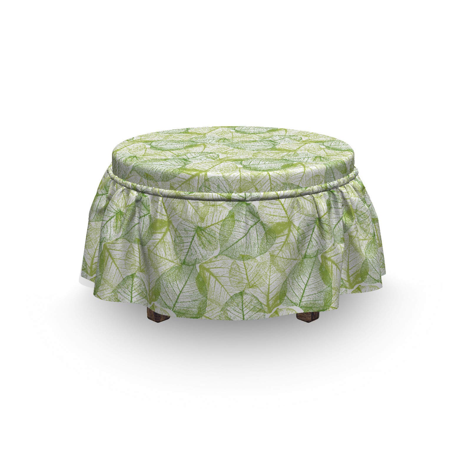 Ambesonne 2-Piece Ottoman Slipcover Set with Ruffle Skirt - Botanical Abstract Leaf Design in Lime & Apple Green - Fits Square, Round & Cube Footstools - Home Decor Accent for Living Room, Bedroom & Nursery