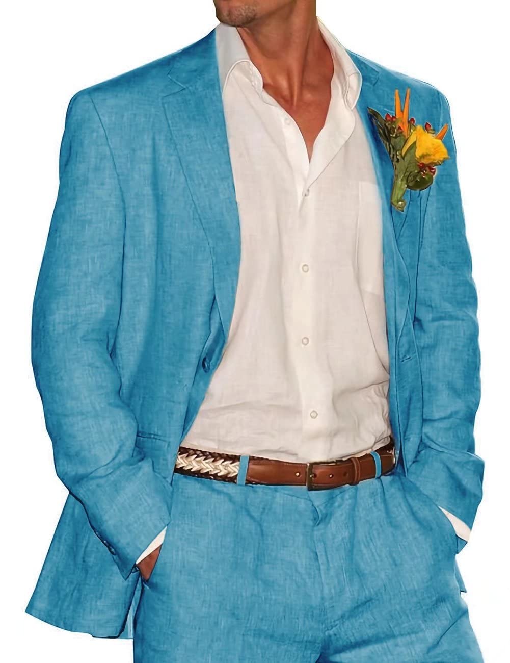 HUUTOE Men's Slim Fit Linen Suit 2-Piece Set - Wedding, Groomsmen & Summer Casual Blazer & Pants for Big & Tall - Perfect for Beach Weddings, Outdoor Events & Formal Occasions
