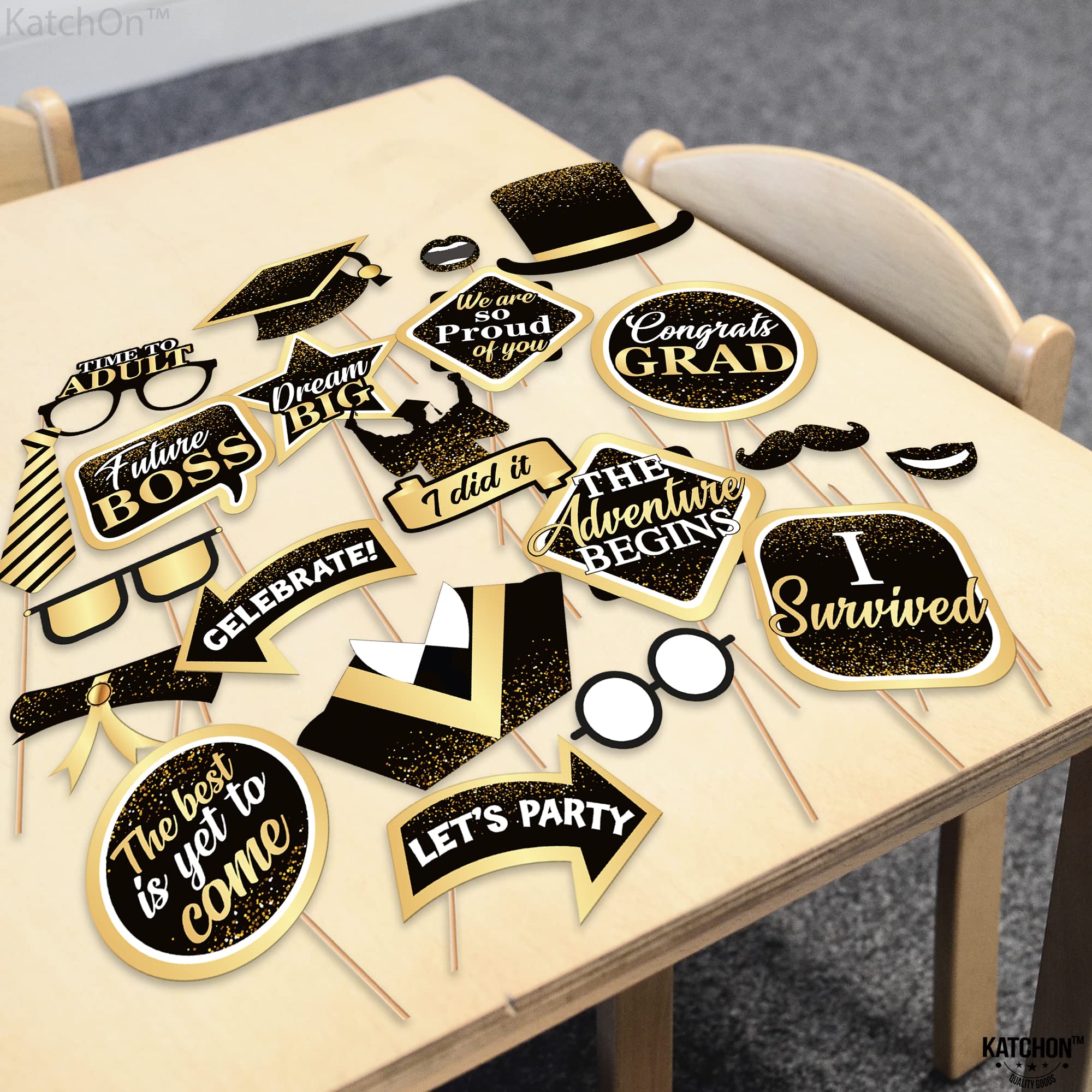 KatchOn 33-Piece Black & Gold Graduation Photo Booth Props Kit - Class of 2025 Decorations for Grad Parties, Commencement Celebrations & Senior Year Memories