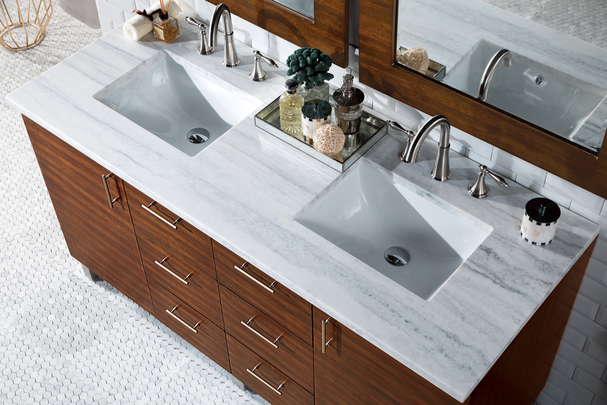 Metropolitan 60-Inch American Walnut Double Bathroom Vanity with 3CM Arctic Fall Solid Surface Countertop - Perfect for Master Bathroom Renovation & Luxury Home Decor