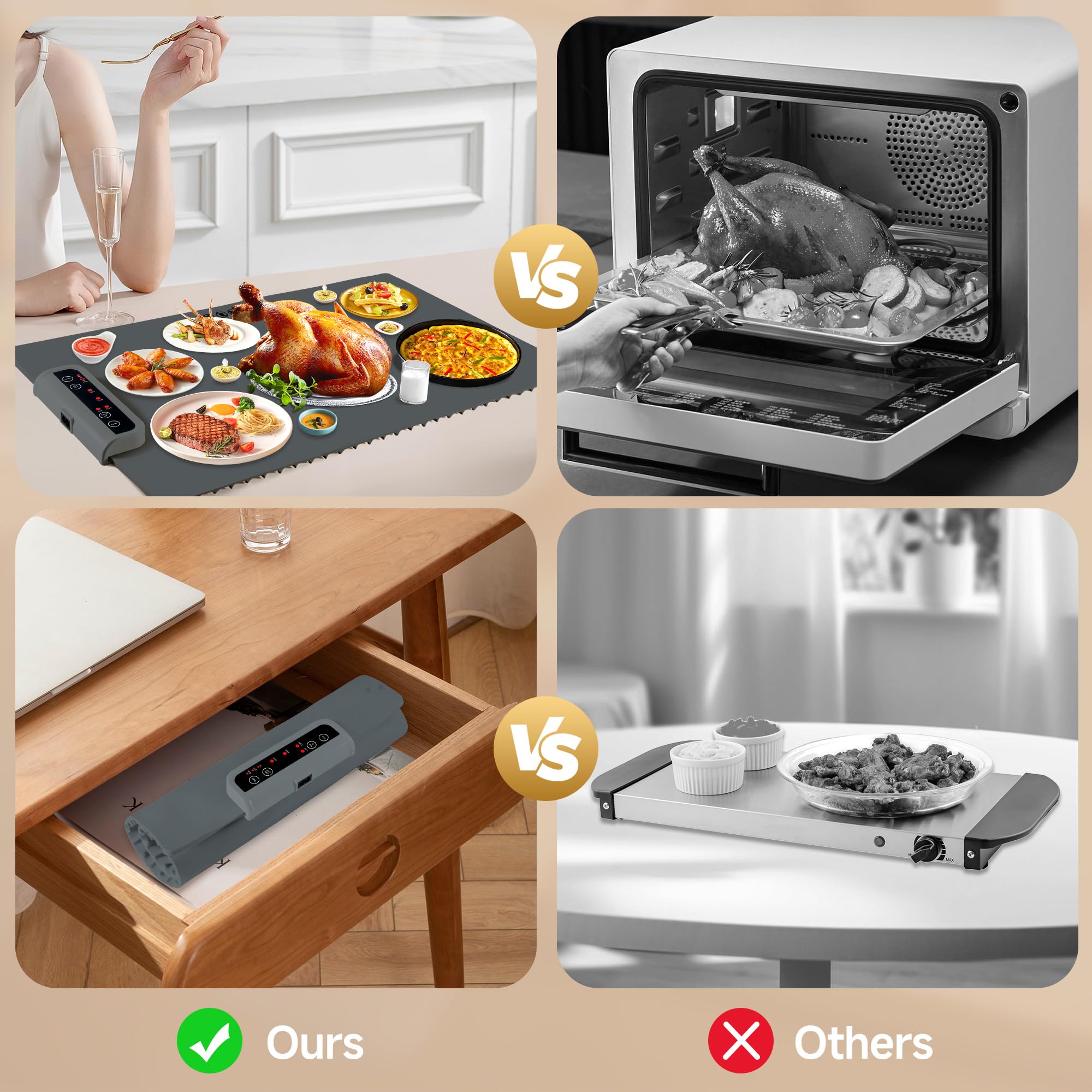 Foldable Electric Food Warming Mat with Adjustable Temperature Control & Timer - Portable Heating Tray for Buffets, Parties, Home Dining & Travel (Dark Grey) | Keep Meals Warm at Gatherings, Restaurants & Outdoor Events