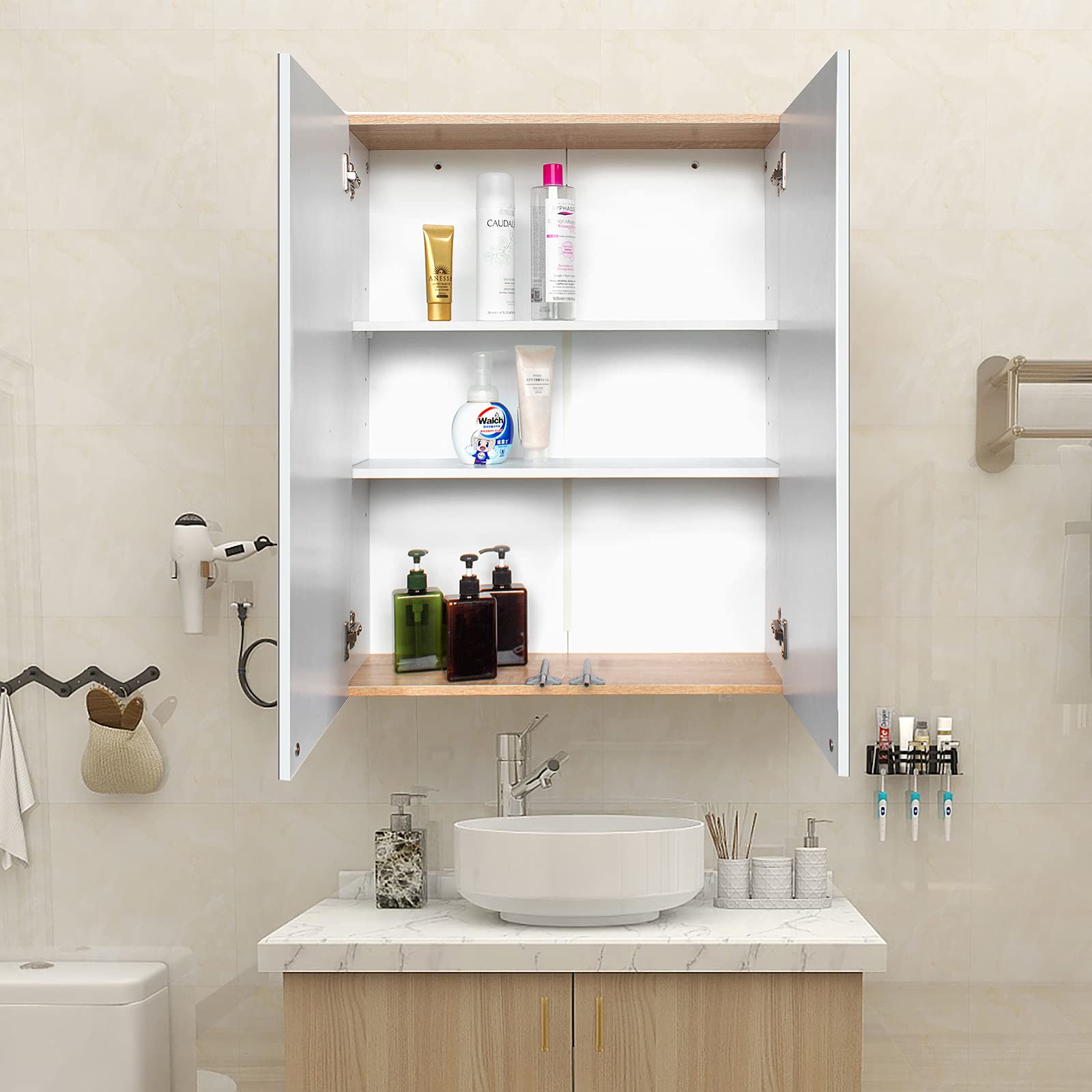 HomVent White Wall Mounted Bathroom Mirror Cabinet - Over Vanity Medicine Storage with Double Doors & Adjustable Shelf, Space Saving MDF Board (2-Door) - Perfect for Small Bathrooms, Apartments & Modern Home Decor