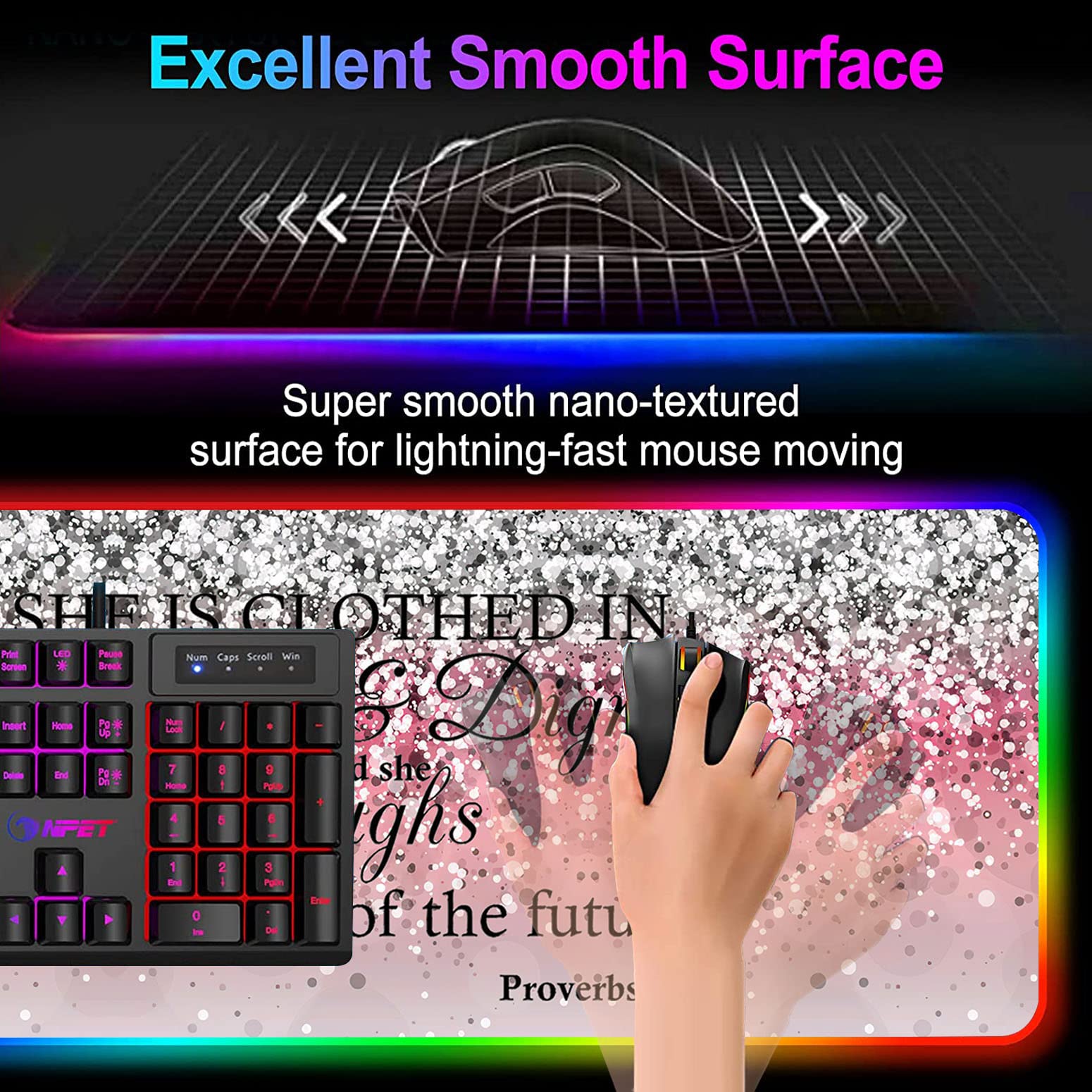 RGB LED Gaming Mouse Pad with Non-Slip Base - Large Extended Keyboard & Mouse Desk Mat with Pink Sparkle Glitter Design & Proverbs 31:25 Bible Verse - Perfect for PC Gaming Setup, Office Work & Home Decor