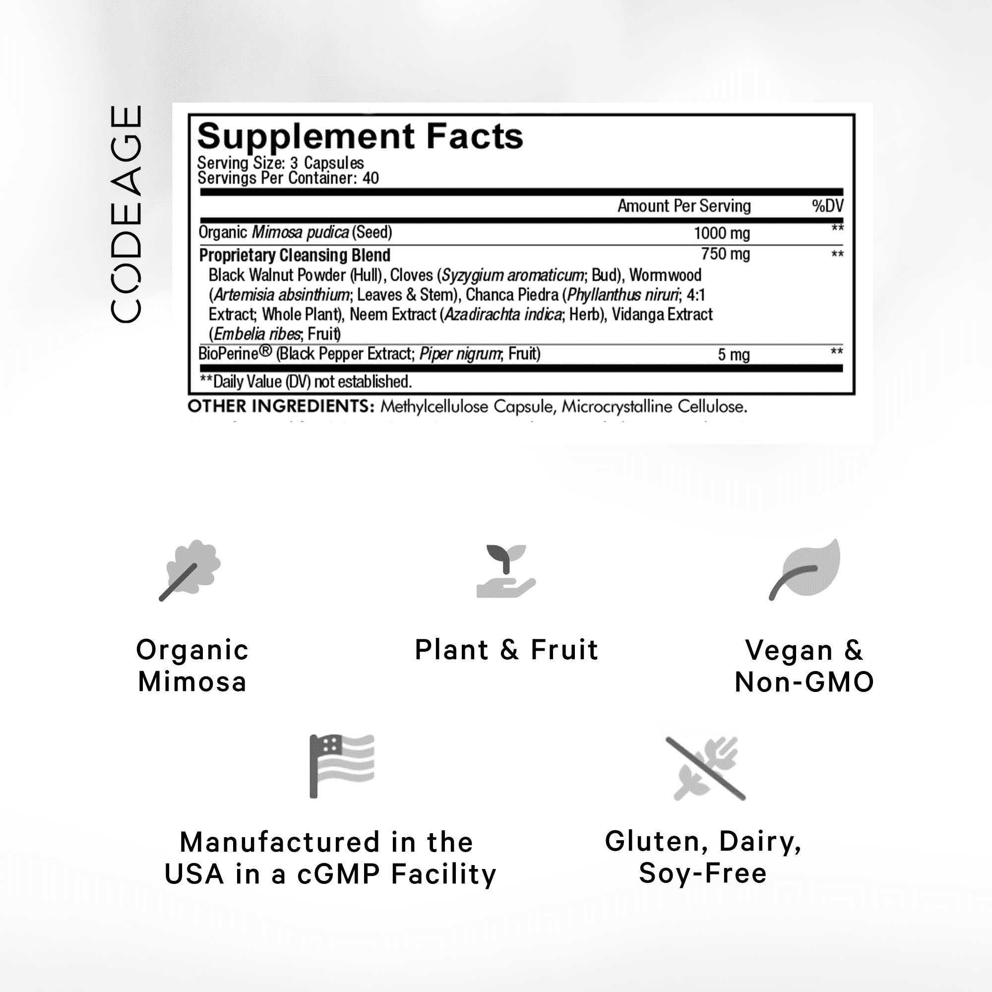 Codeage Mimosa Pudica Seed Supplement - Natural Digestive Support & Gut Health - Vegan Capsules for Detox, Immune Boost, and Parasite Cleanse | Perfect for Daily Wellness Routine and Travel
