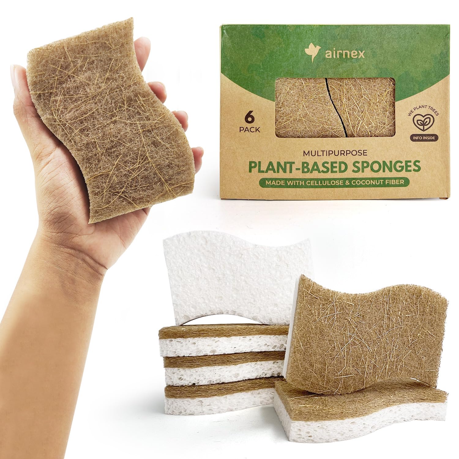 6 Pack Natural Kitchen Sponges - Eco-Friendly Cellulose & Coconut Husk Dish Sponges | Odor-Free, Non-Scratch Walnut Scrubber | Quick-Drying for Washing Dishes | Perfect for Daily Dish Cleaning, Kitchen Sink & Countertop Cleaning