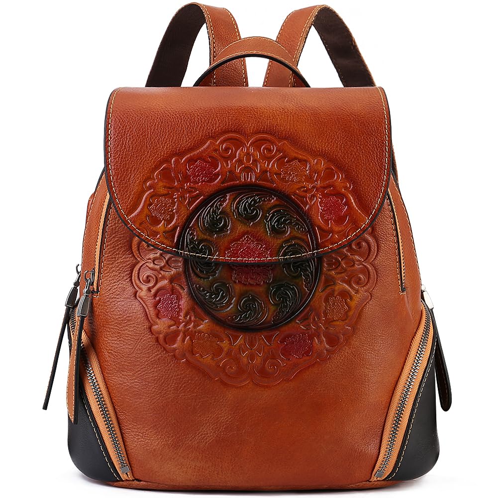 Genuine Leather Backpack for Women - Vintage Embossed Totem Design, Brown Crossbody Purse | Stylish & Durable for Travel, Work & Everyday Use