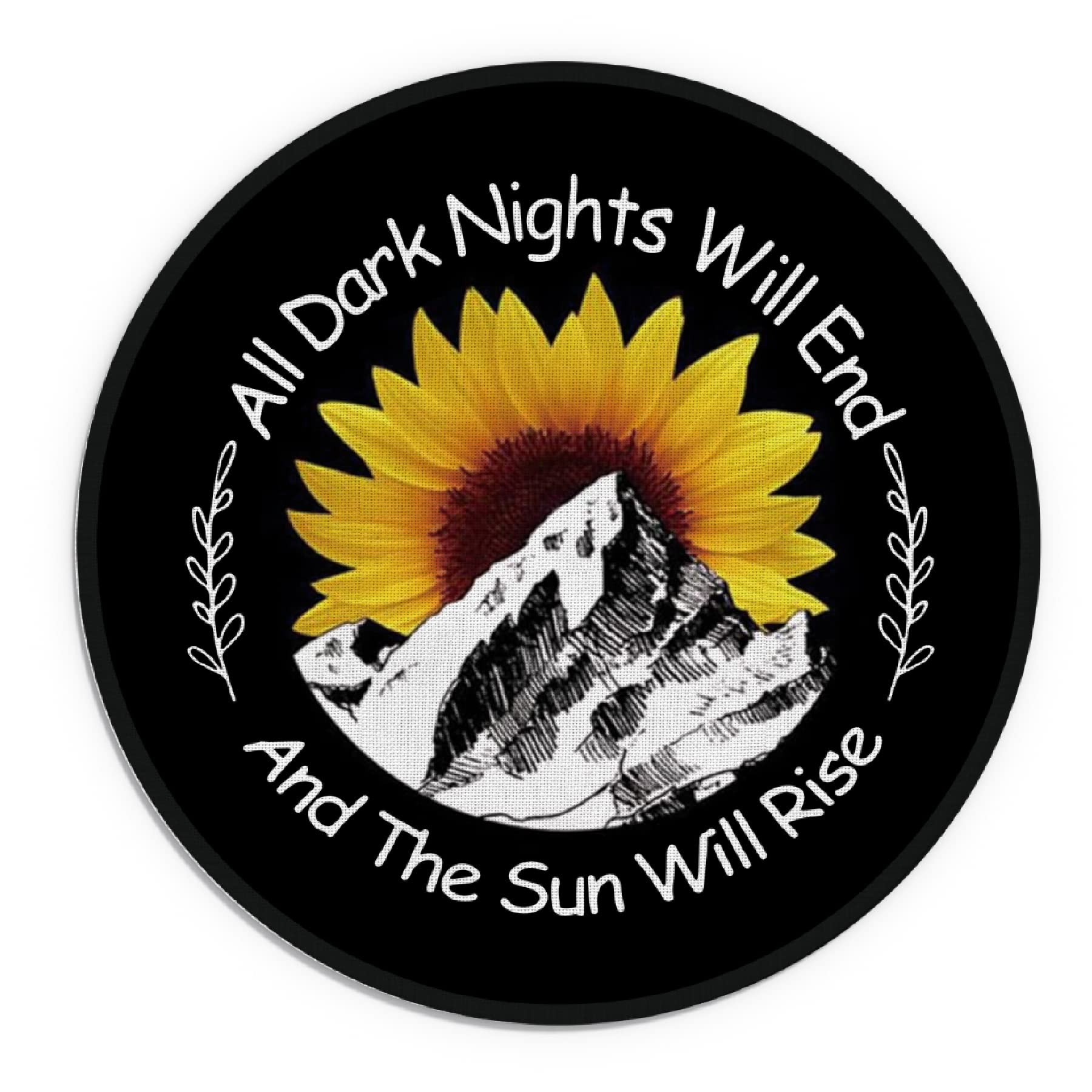 Yellow Sunflower Mountains Waterproof Round Mouse Pad - 7.9x7.9 Inch Non-Slip Rubber Base, Cute Desk Decor for Office, Home, Dorm | Perfect Gift for Sister, Daughter & Girls | Motivational Quote 'All Dark Nights Will End' | Great for Work, Gaming & Study Setup