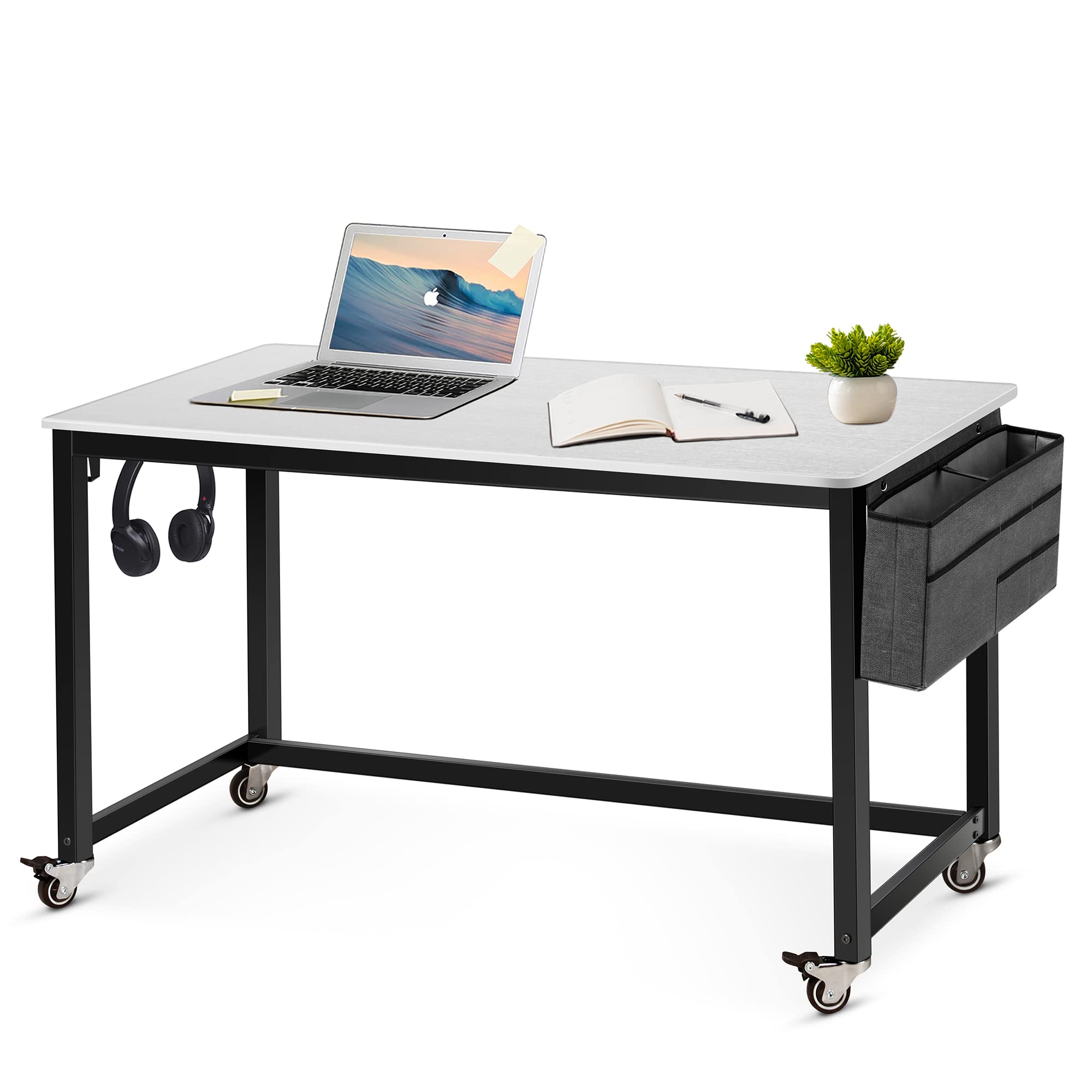 AHB 55 Inch Rolling Computer Desk with 4 Smooth Casters - Mobile Writing Desk for Home Office, Study Table with Sturdy Metal Frame | Perfect for Small Spaces, Dorm Rooms & Adjustable Workstations