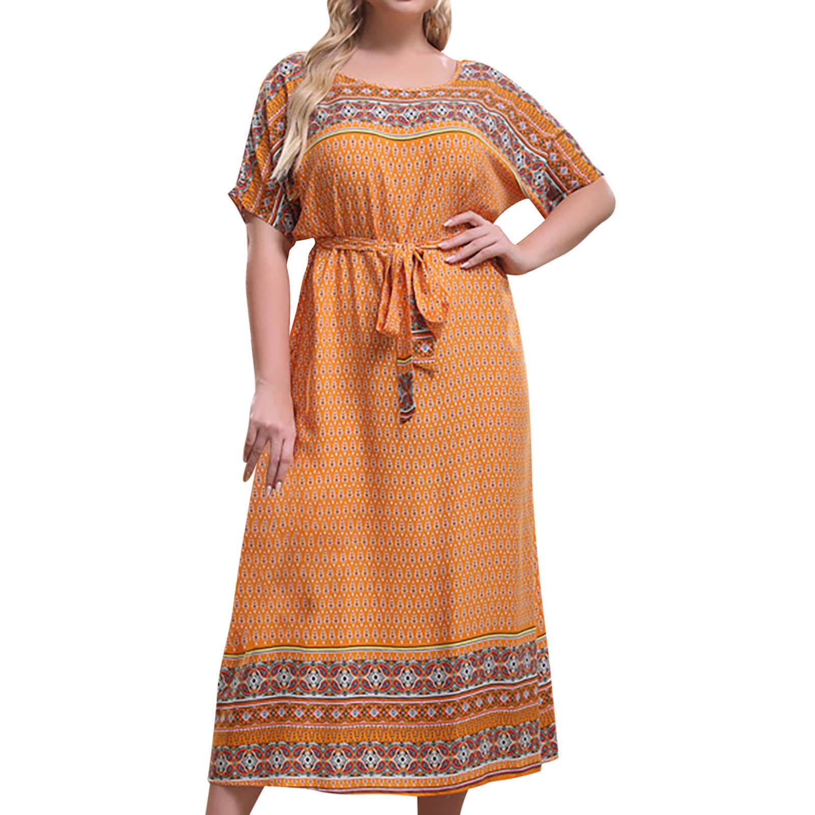 Boho Maxi Dress for Women Plus Size - Floral Print Short Sleeve Crewneck Long Summer Dress with Belt | Beach Party, Vacation, Wedding Guest & Casual Outfit