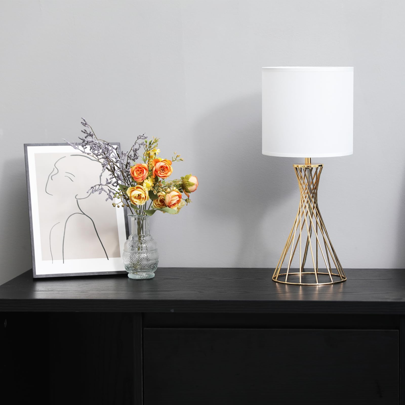 Modern Gold Table Lamp with White Fabric Shade & Geometric Metal Base - Small Cute Desk Lamp for Bedroom Nightstand, Living Room, Kids Room - Perfect for Reading, Study & Cozy Home Decor