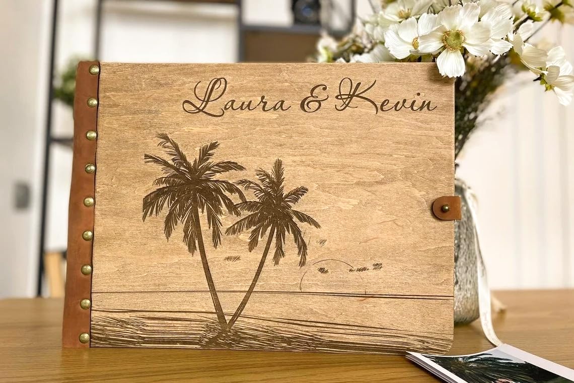 Tropical Beach Wedding Guest Book - Rustic Wood Guest Book for Florida, Nautical & Palm Tree Themed Weddings (Large) - Perfect for Beach, Destination & Outdoor Weddings