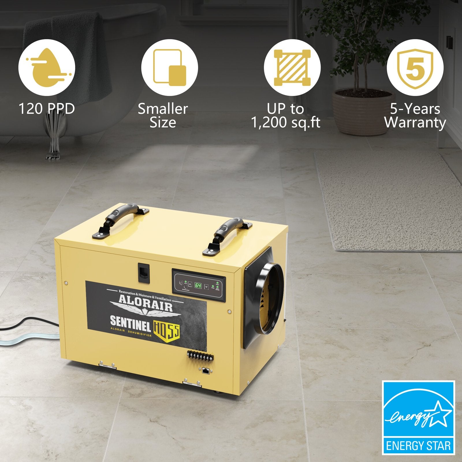 AlorAir Sentinel HD55 Commercial Dehumidifier - 120 PPD, Auto Defrost, Memory Restart with Drain Hose - Ideal for Basement, Crawlspace & Large Spaces - Heavy Duty Moisture Removal for Home & Business Use