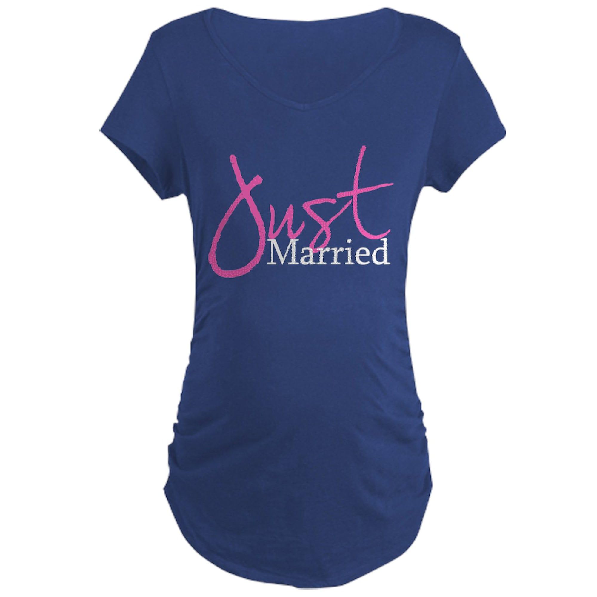 Just Married (Pink Script) Maternity Dark T-Shirt for Women - Ruched Side Design - Perfect for Baby Showers, Gender Reveals & New Mom Comfort