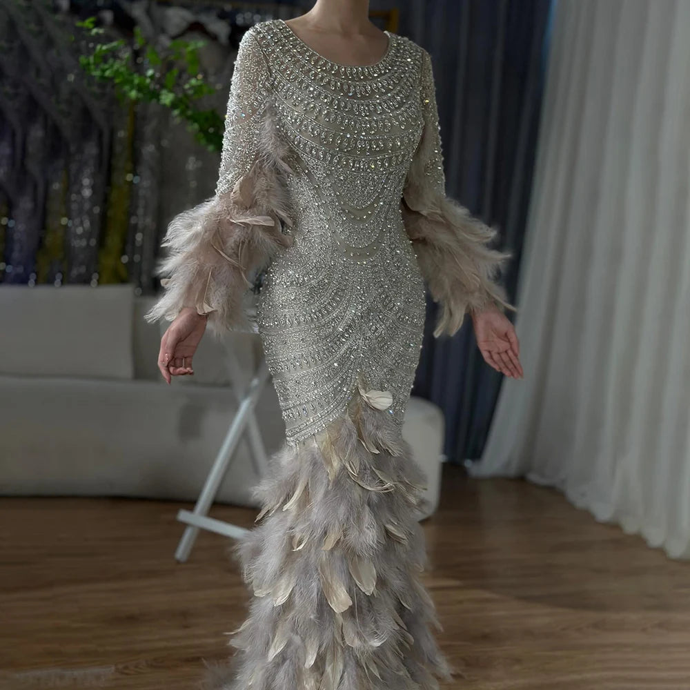 Luxury Dubai Nude Saudi Arabic Evening Gown with Beaded Feathers - Elegant Formal Dress for Women LA72736 | Perfect for Weddings, Galas & Special Occasions