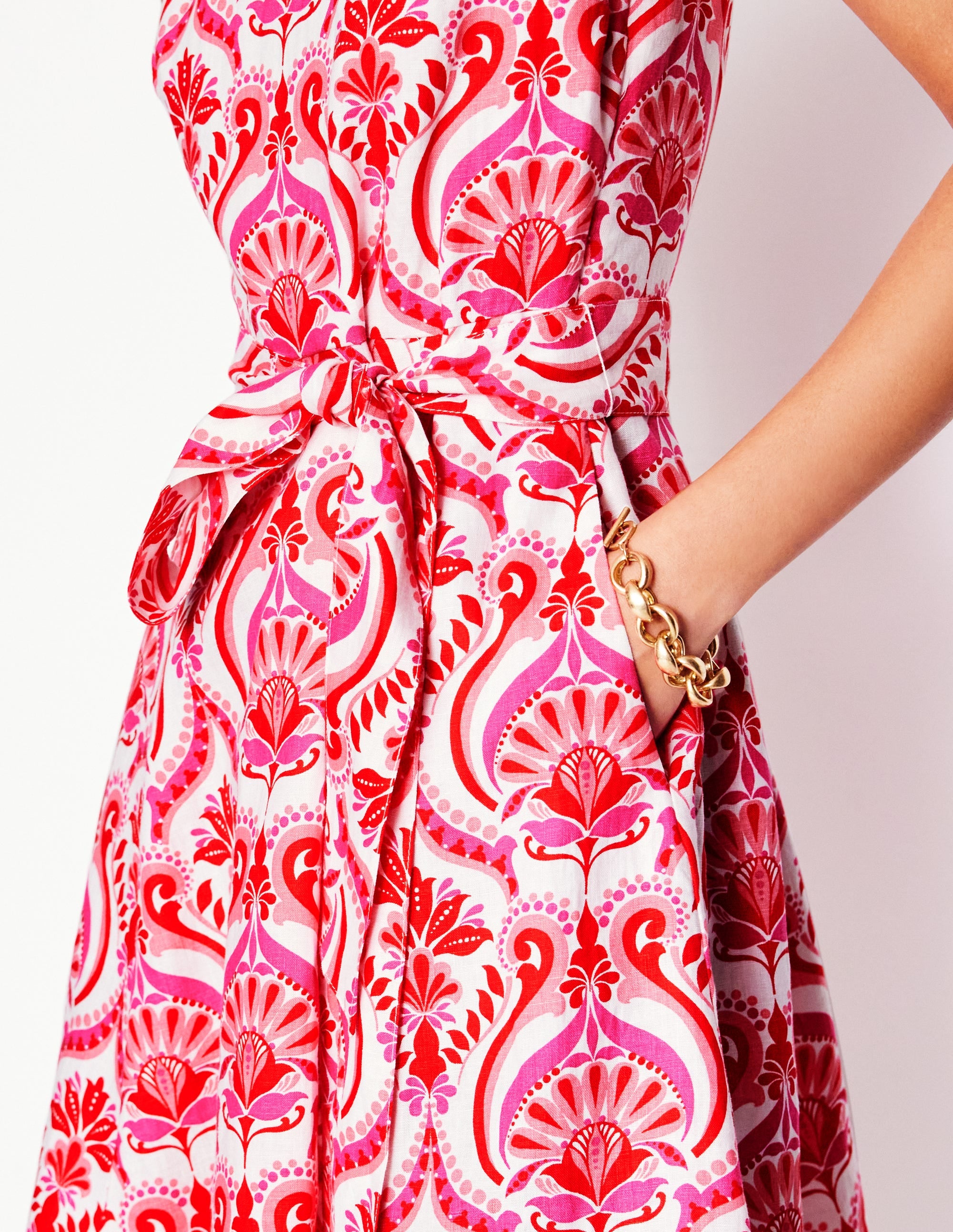 Anya Sleeveless Linen Dress in Poppy Red with Ornamental Floral Print - Perfect for Summer Beach Vacations & Boho Chic Outfits