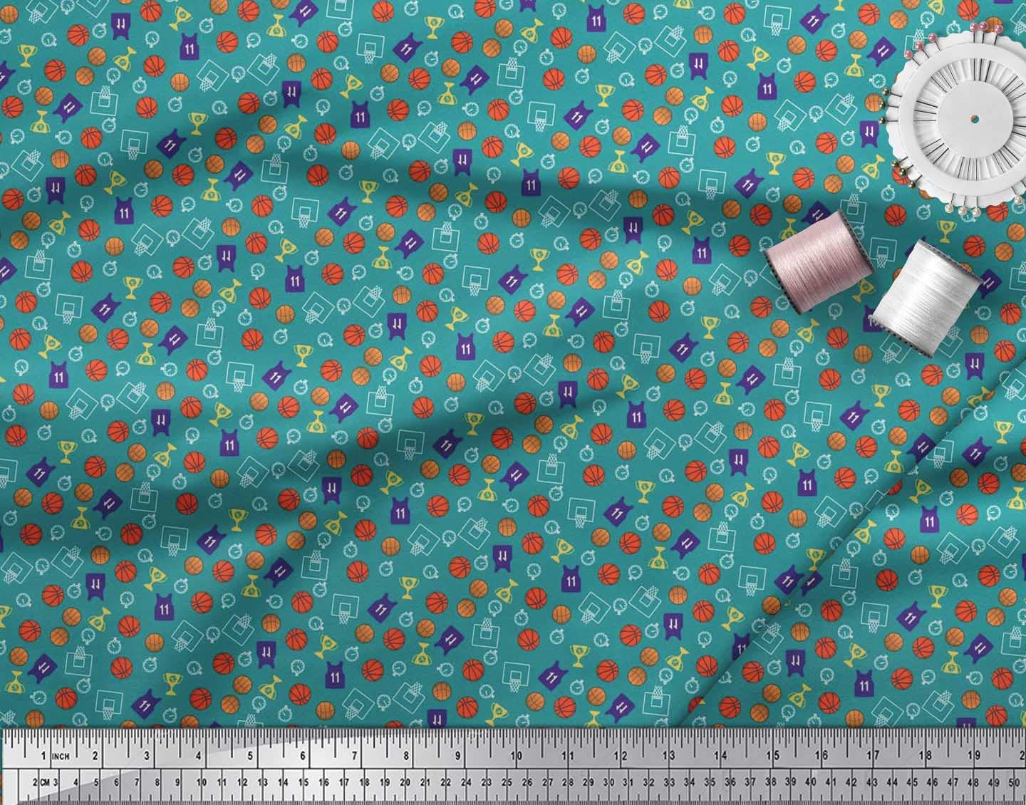 Soimoi 58 Inch Wide Green Velvet Fabric by The Yard - Sports Championship Theme with Trophy, Timer Clock & Basketball Prints - Perfect for DIY Upholstery, Costumes, and Home Decor Projects