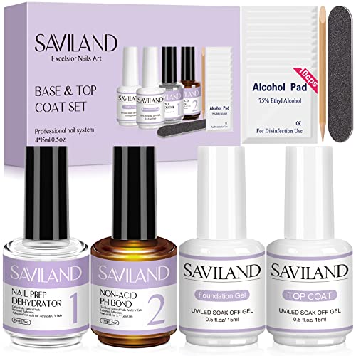 Saviland 7PCS 15ML Base & Top Coat Kit with Nail Dehydrator & Acid-Free PH Bond - Quick Dry Nail Prep Set for DIY Manicure & Professional Salon Use - Perfect for Home Nail Care, Gel Polish Application & Long-Lasting Nail Art