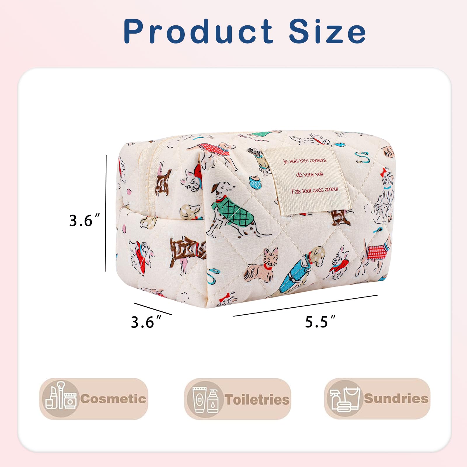 Mini Quilted Cotton Makeup Bag with Cute Animal Print - Large Capacity Cosmetic & Toiletry Organizer for Women & Girls (Mini Puppy Design) - Perfect for Travel, Gym, and Daily Essentials Storage