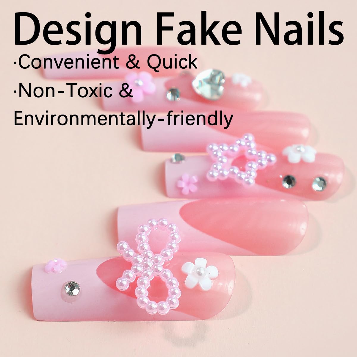 MERVF 24pcs Long Square Press on Nails - Pink French Tip Fake Nails with Charms & Rhinestones, Glossy False Nails for Women, Cute Squoval Artificial Nails for Party, Wedding, Date Night & Special Occasions