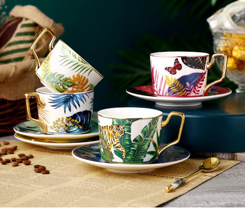Premium Porcelain Coffee Cups with Gold Trim - Elegant Tea Cups and Saucers Set in Jungle Animal Design, Includes Gift Box for Perfect Gifting - Ideal for Home, Office, and Cafe Use