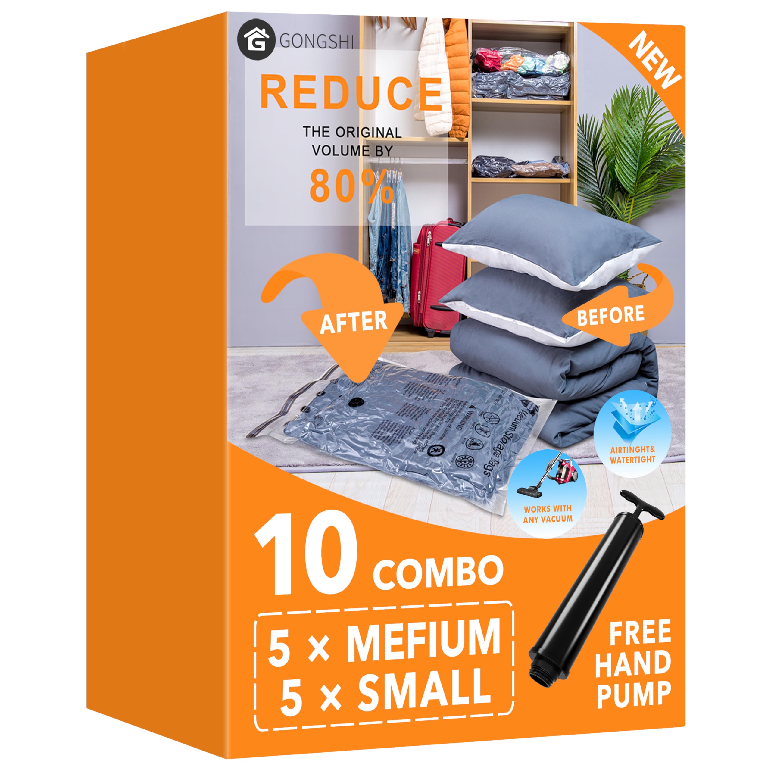 Vacuum Storage Bags Set - 5 Medium & 5 Small Space Saver Compression Bags with Hand Pump for Blankets, Comforters, Pillows & Clothes | Perfect for Travel, Seasonal Storage & Home Organization