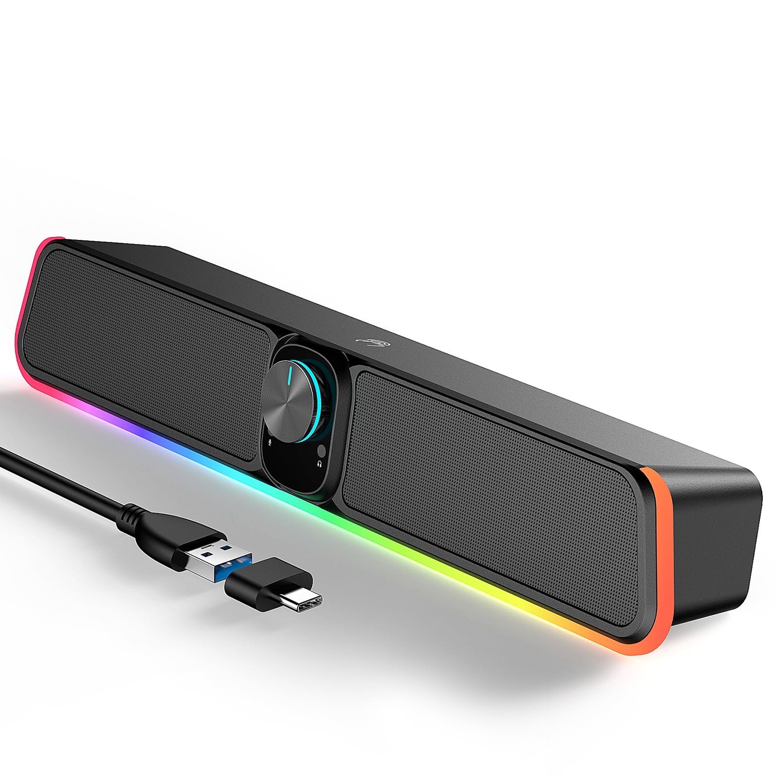 USB Powered Bluetooth Computer Sound Bar with RGB Lighting & Volume Knob, HiFi Stereo Portable Gaming Speaker for Desktop, PC, Laptop, Tablets, Mac Air/Pro - Perfect for Home Office, Gaming, and Entertainment
