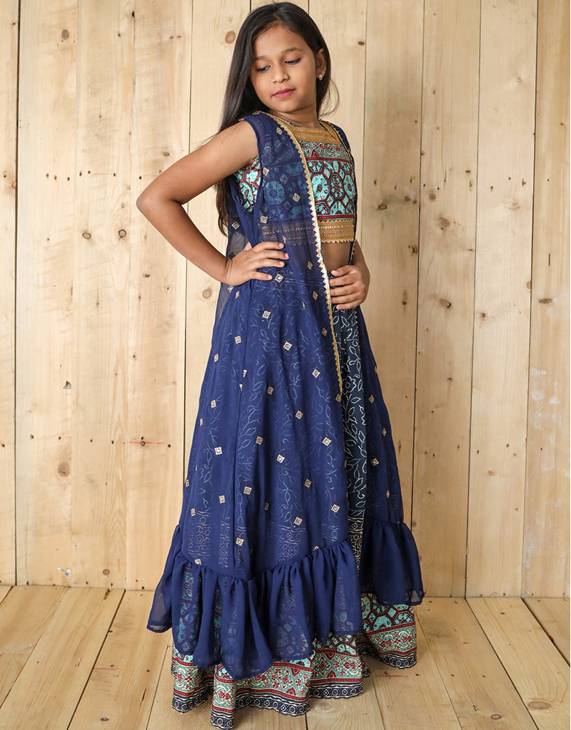 All-Season Designer Silk Digital Print Work Shrug with Sequins - Blue Kids Lehenga Choli Set | Perfect for Festivals, Weddings & Special Occasions