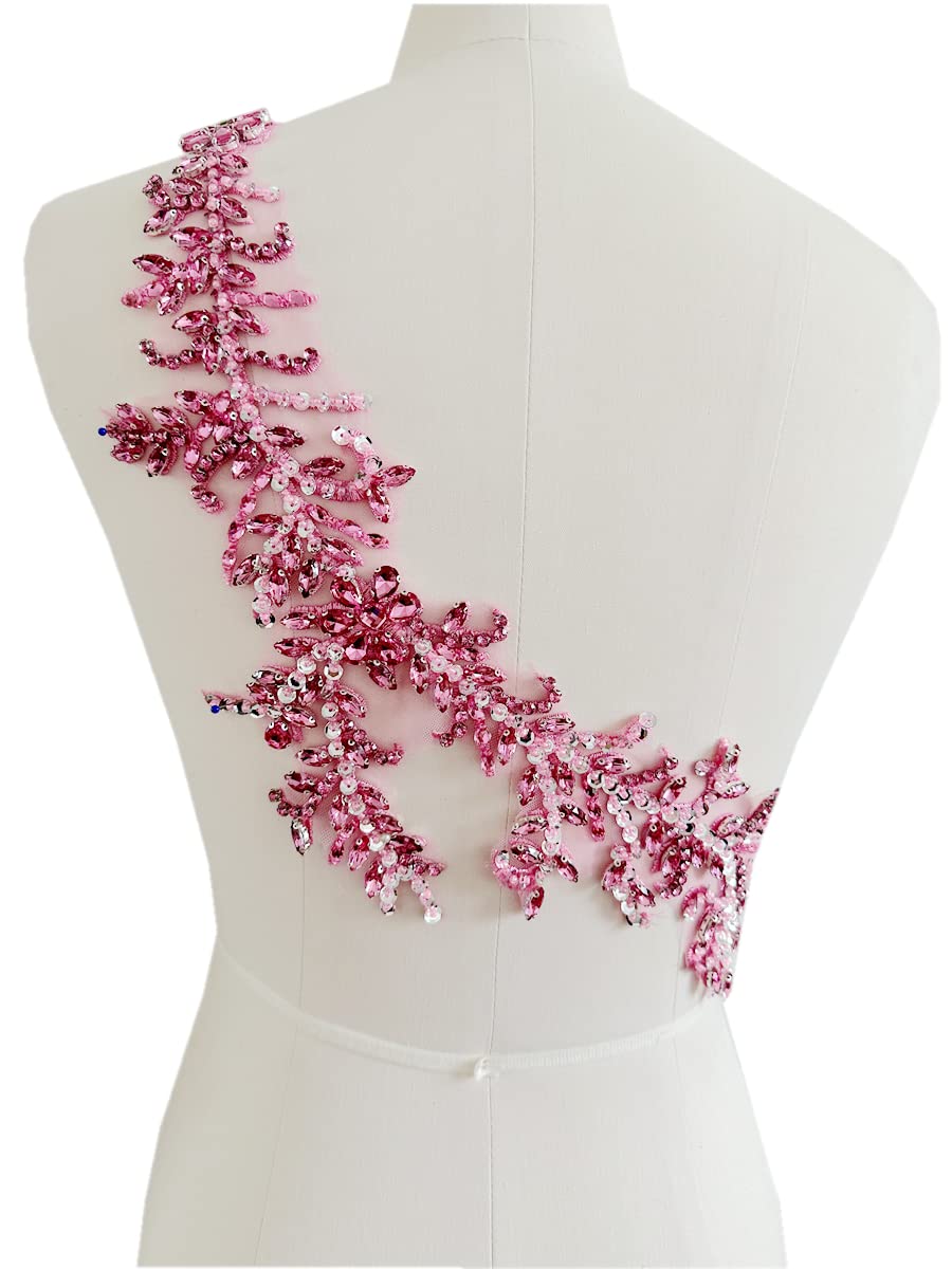Handmade Rhinestone Lace Trim Patches with Beads Applique for DIY Dress Accessories - Perfect for Wedding, Prom, Costume & Home Decor (Pink)