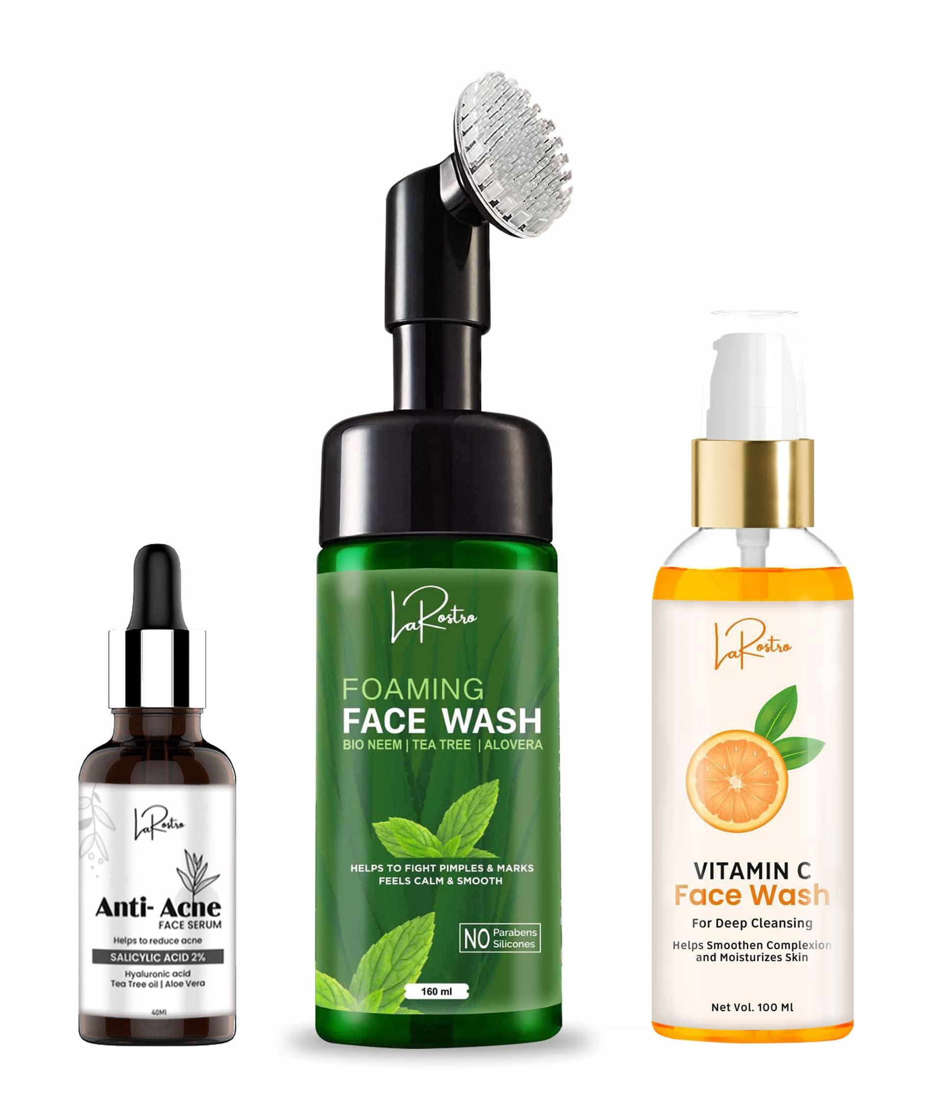 La Rostro Salicylic Acid Face Serum for Acne & Blackheads with Tea Tree Oil (40ml) + Vitamin C Face Wash (100ml) + Bio Neem & Tea Tree Foaming Face Wash (160ml) - Acne Treatment Skincare Set for Oily & Combination Skin - Perfect for Daily Cleansing & Blemish Control