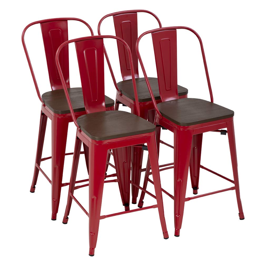 FDW Industrial Metal Bar Stool Set of 4 - 24 Inch Counter Height Barstools with Back, Stackable Modern Kitchen Stools for Indoor & Outdoor Use - Perfect for Patio, Kitchen Island, Home Bar and Restaurant Dining
