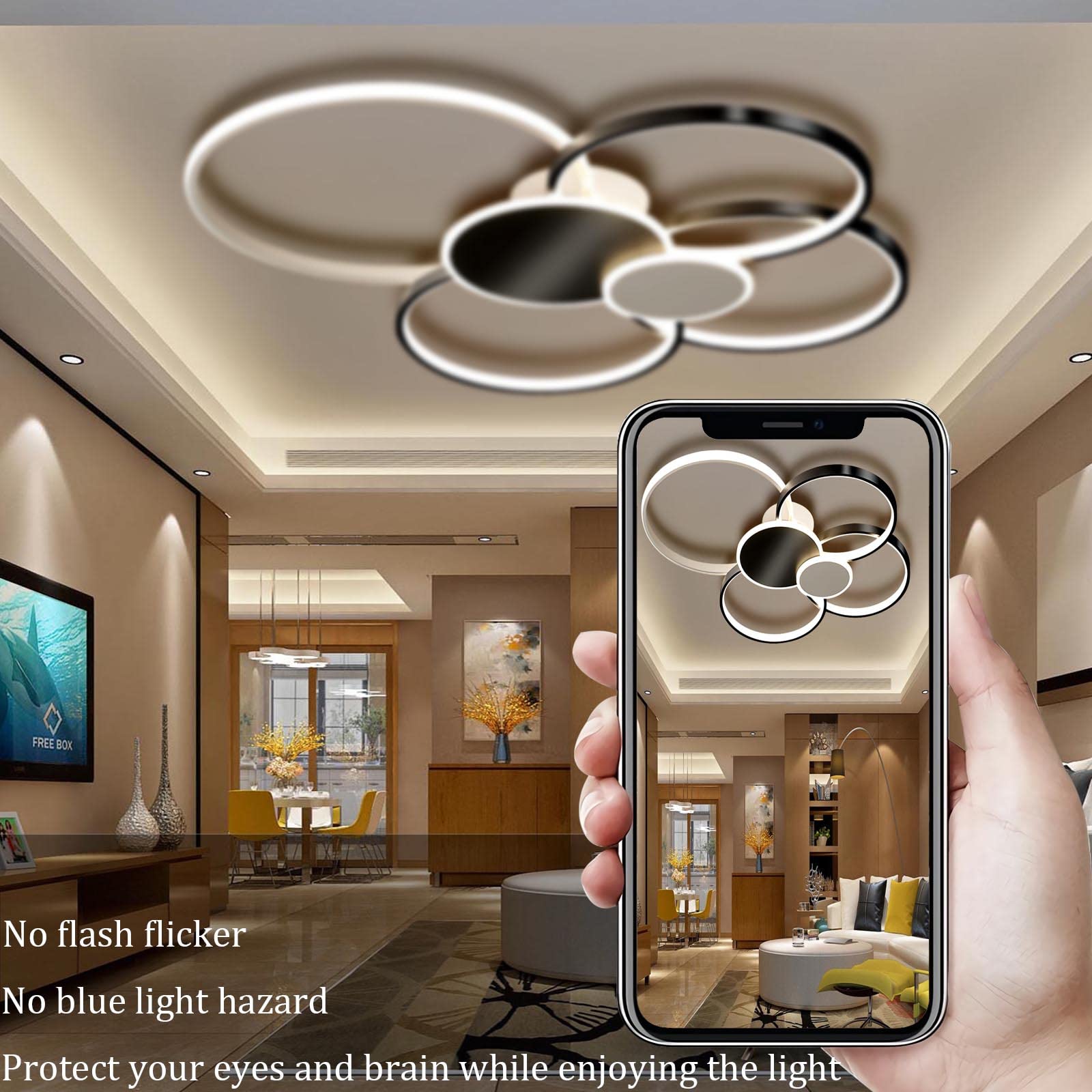 Modern 6-Ring LED Ceiling Light 95W 7840LM Dimmable 3500K-6500K with Remote Control - Black 100cm Round Hall Lamp for Living Room, Bedroom, Kitchen & Dining Room - Perfect for Ambient Lighting and Home Decor