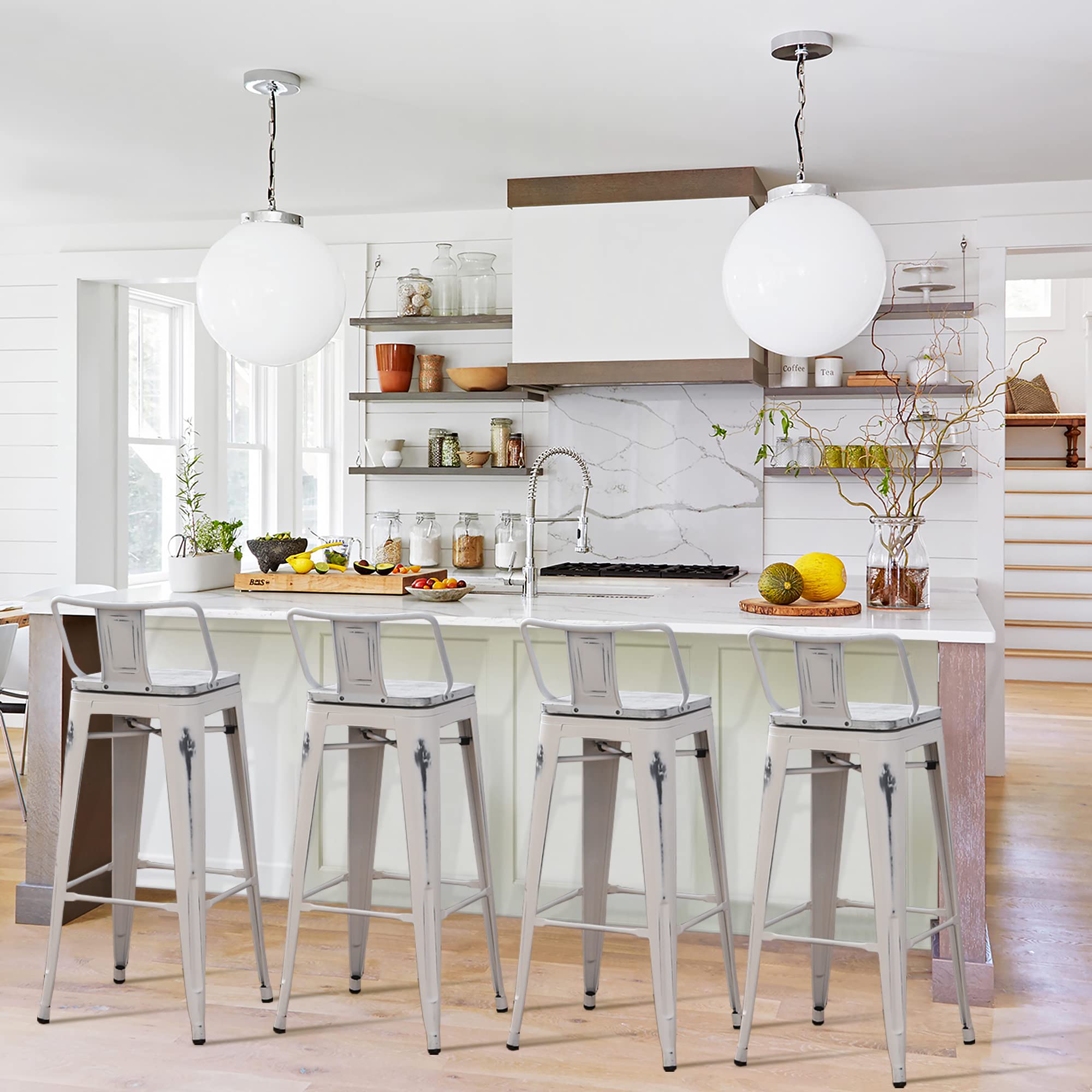 **Industrial Metal Bar Stools Set of 4 - 30 Inch Counter Height Bar Stools for Kitchen, Dining & Home Bar - Distressed White Finish - Durable & Stylish Seating for Modern Spaces**