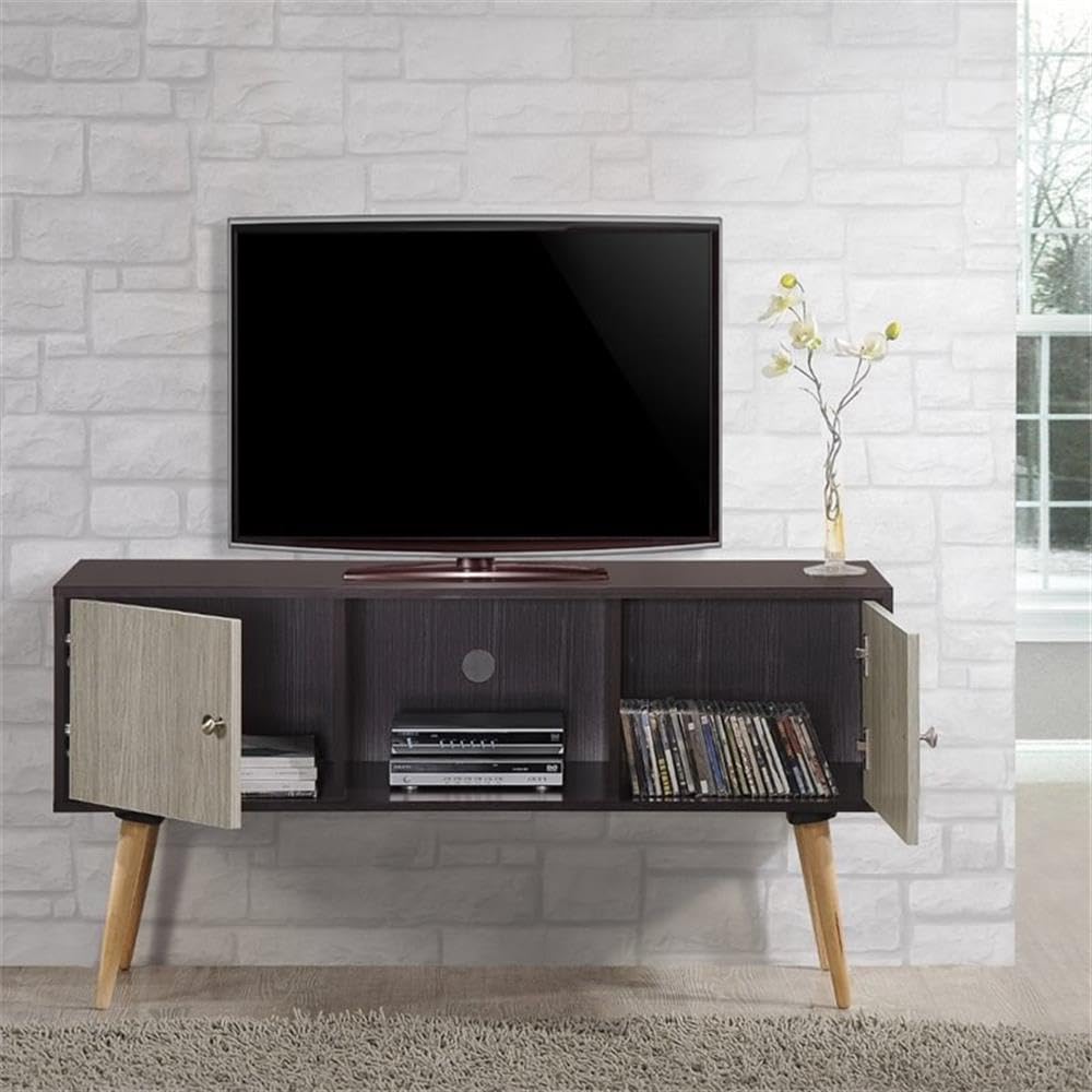 Hodedah Retro Style TV Stand with 2 Storage Doors & Solid Wood Legs - Chocolate Finish for Living Room, Bedroom, or Home Theater Setup