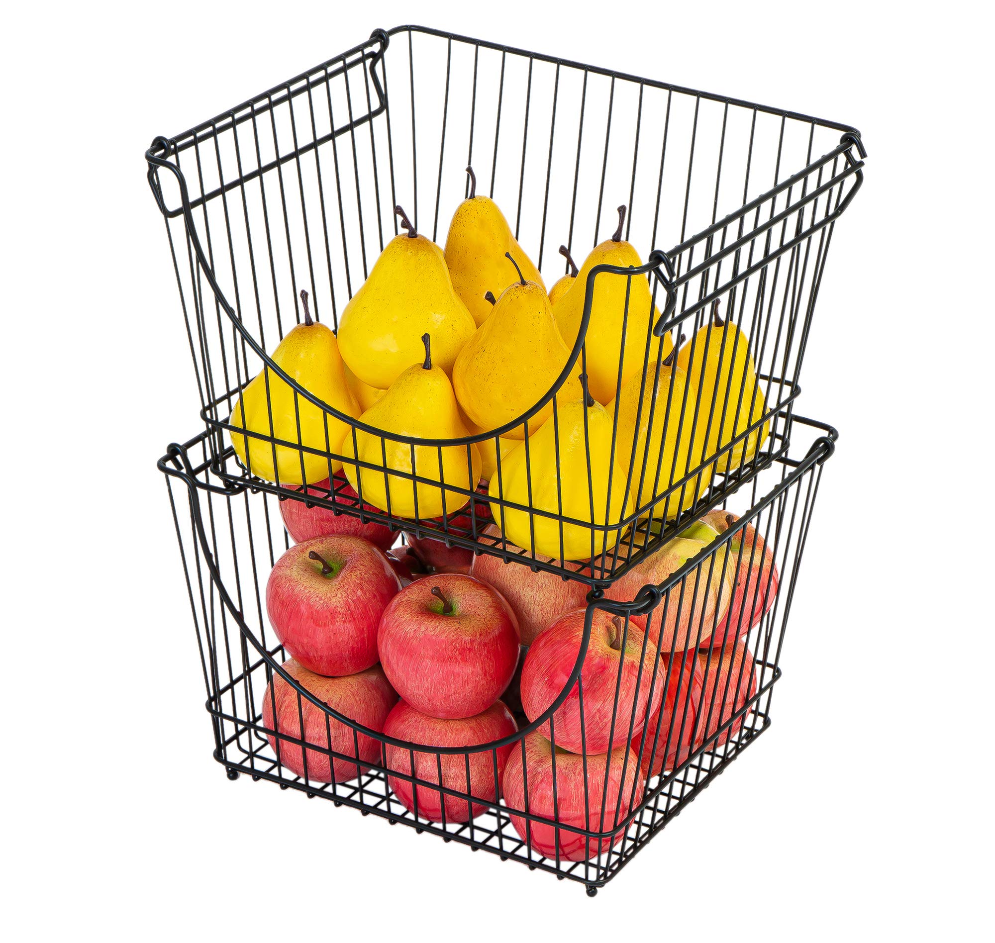 Smart Stacking Baskets with Handles - Set of 2 Large Steel Wire Storage Bins for Fruits, Vegetables & Pantry Organization (12.5