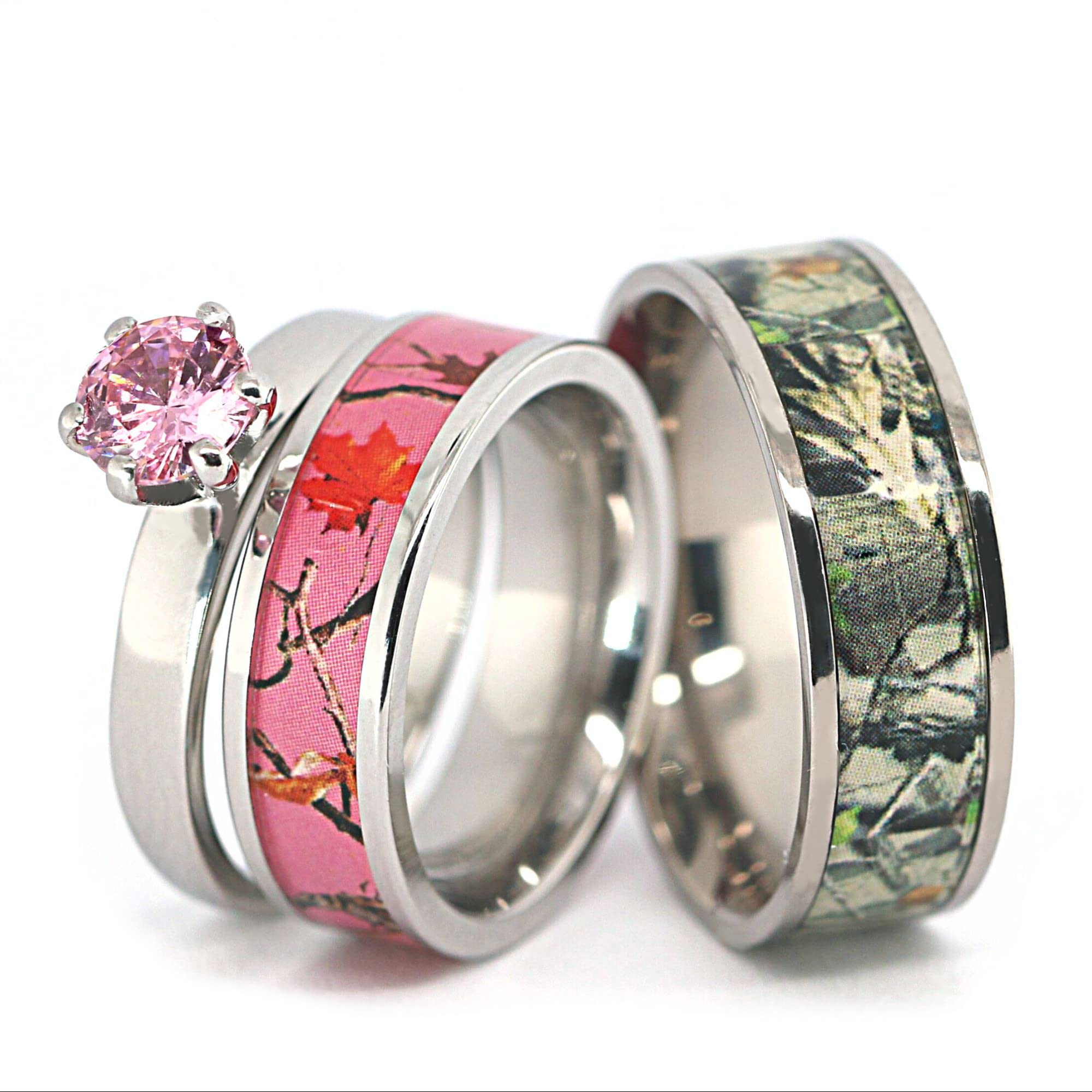 His & Hers 3-Piece Camo Wedding Rings Set - Stainless Steel & Titanium Matching Engagement Bands for Couples - Perfect for Outdoor Adventures, Hunting & Military-Themed Weddings