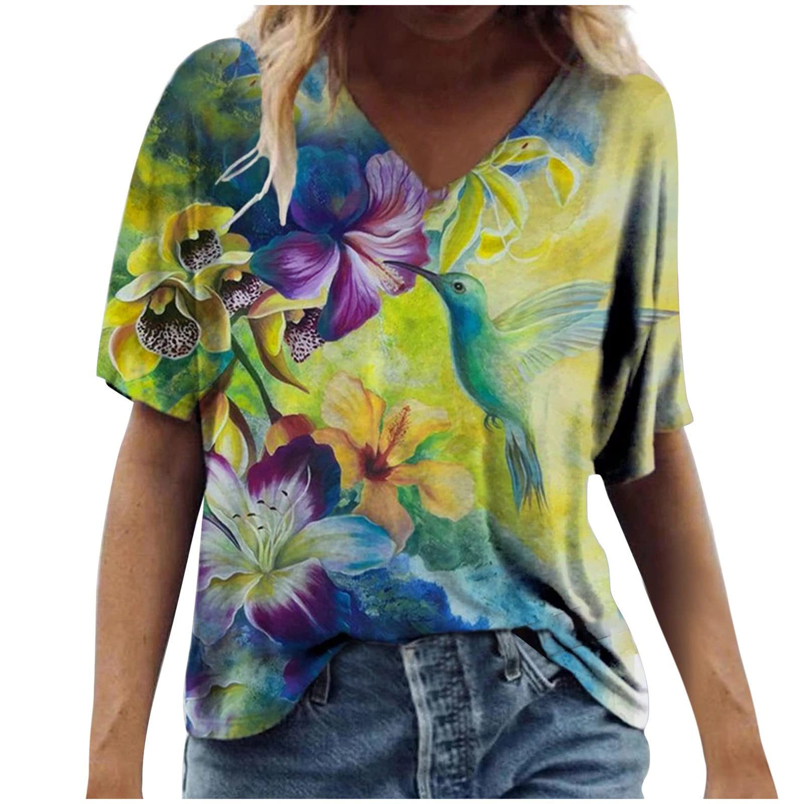 Women's Summer V-Neck Short Sleeve T-Shirt - Cute Printed Casual Blouse & Loose Fit Graphic Tee | Perfect for Beach Outings, Weekend Wear & Summer Fashion