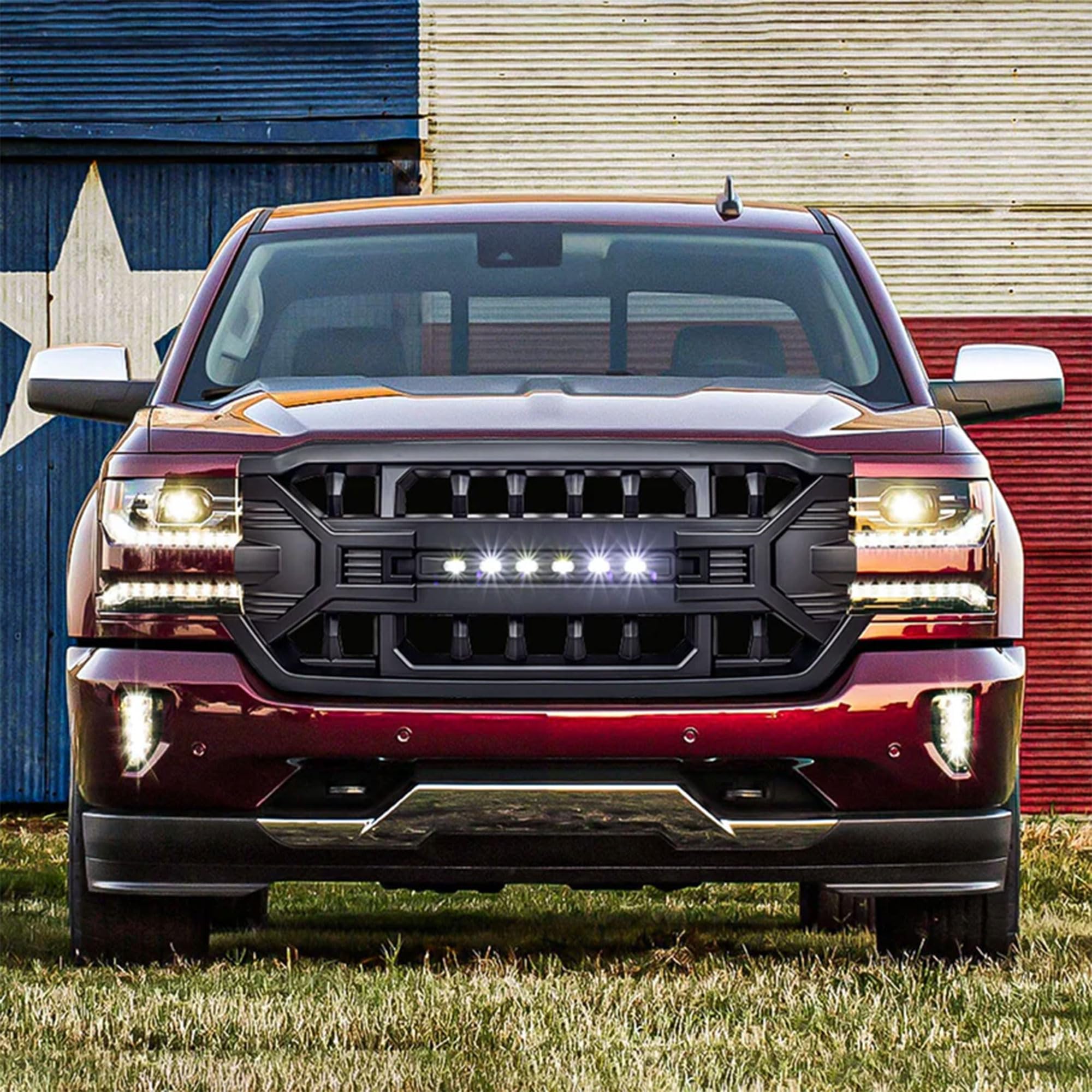 Heavy Duty AMERICAN MODIFIED Armor Grille with Off-Road LED Light Bar | Compatible with 2016-2019 Chevrolet Silverado 1500 | Matte Black Finish | Perfect for Off-Roading, Truck Customization & Night Driving