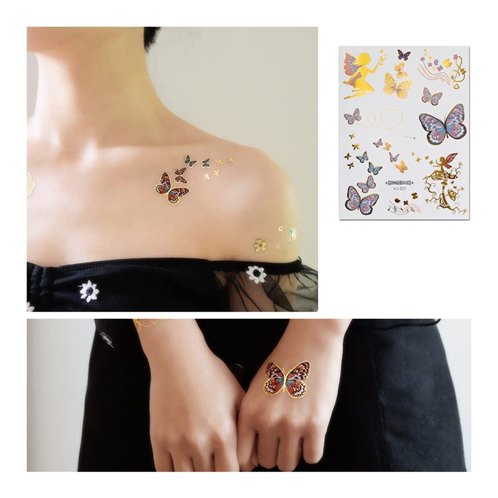 S.A.V.I Gold Temporary Tattoos for Women - Metallic Golden & Silver Butterfly & Music Note Fairy Tattoos (16x12cm) - Perfect for Festivals, Parties & Body Art