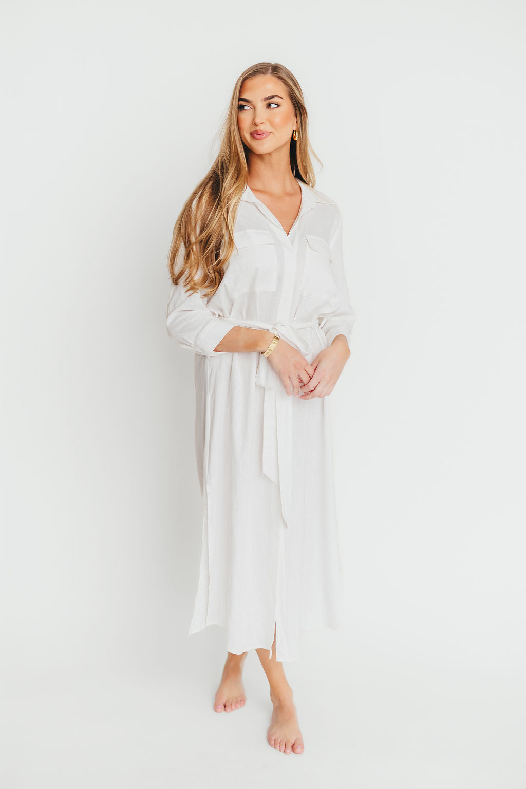 Rhea Belti Maxi Shirt Dress for Women - Nursing Friendly Maternity Dress in White | Comfortable & Stylish for Pregnancy, Breastfeeding & Everyday Wear