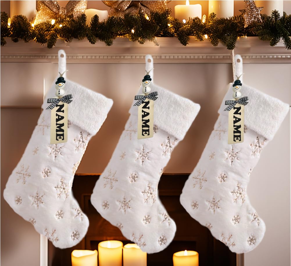 AOGU 3 Pack 22 Inch Faux Fur Sequin Snowflake Christmas Stockings - Snowy White Holiday Stockings with Gold Accents for Hanging Decor, Candy Gifts & Festive Home Decorations | Perfect for Fireplace Mantel, Tree Decor, and Christmas Party Favors