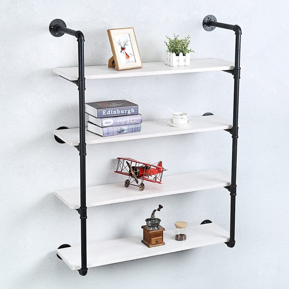 Industrial Pipe Shelving Wall Mounted - 36in Rustic Metal Floating Shelves with Real Wood - Steampunk Style Bookshelf for Farmhouse, Kitchen & Bar (4-Tier) - Perfect for Home Office, Living Room & Bedroom Storage