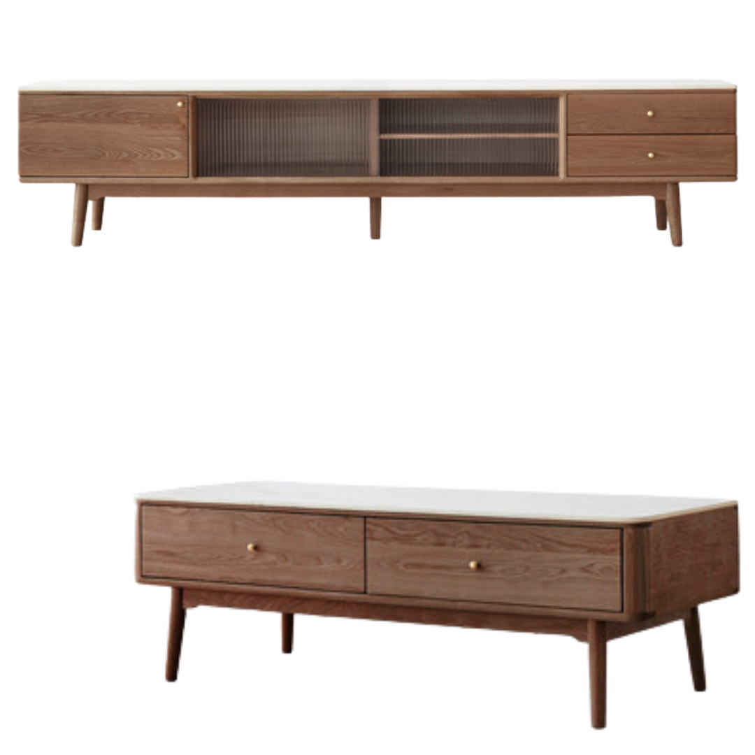 Solid Oak Wood Sliding Door TV Stand with Natural Rock Slab Surface - Modern Entertainment Center for Living Room & Home Theater