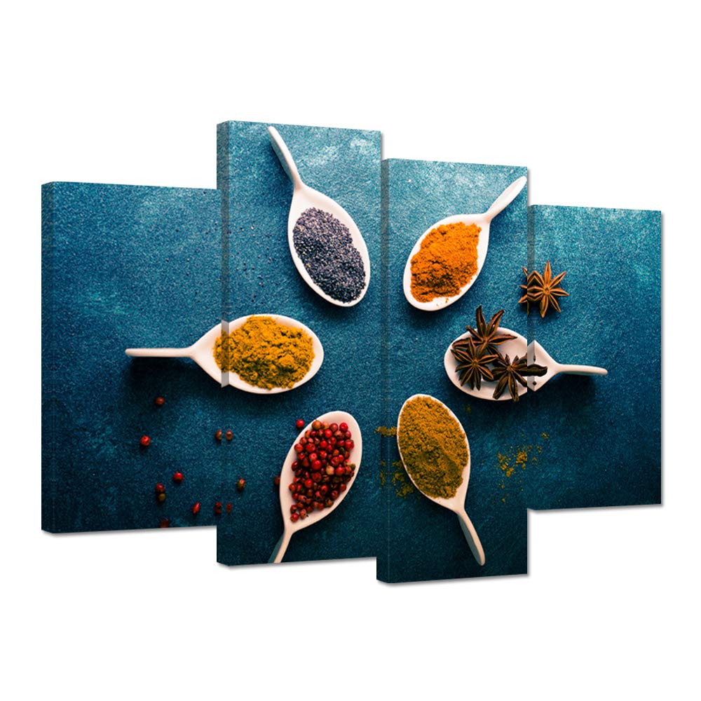 iHAPPYWALL 4-Piece Kitchen Wall Art Set - Colorful Spoons & Spices Blue Framed Canvas Prints - Ready to Hang Dining Room Decor - Perfect for Farmhouse, Modern Kitchens & Restaurant Wall Decor