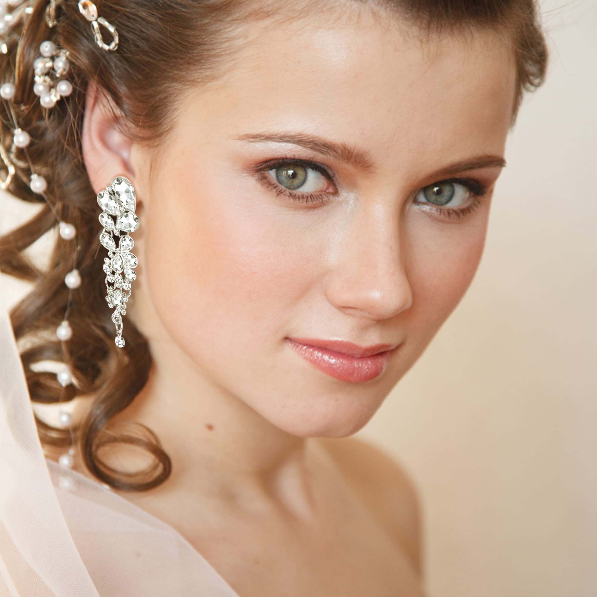 THUNARAZ 4 Pairs Silver Clip-On Earrings for Women - Sparkly Rhinestone Tassel Chandelier Dangle Earrings | Non-Pierced Prom Jewelry Set for Brides & Bridesmaids | Perfect for Weddings, Parties & Special Occasions