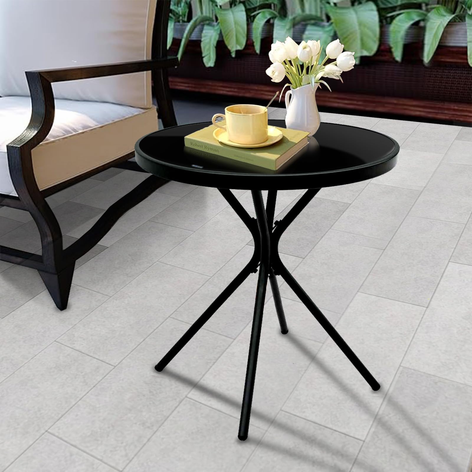 Compact Black Metal Outdoor Patio Side Table with Tempered Glass Top - Weather Resistant Round Bistro Table for Garden, Balcony & Poolside Use