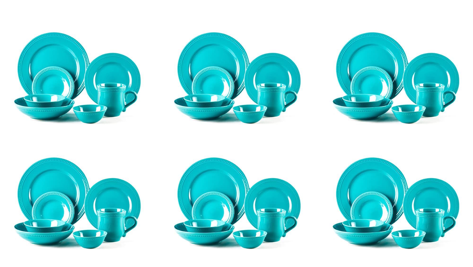 Premium Pearl Dots Stoneware Dinnerware Set - 42 Piece Turquoise Dinner Plates, Bowls & Mugs - Elegant & Durable Ceramic Tableware for Everyday Dining, Entertaining & Restaurant Use