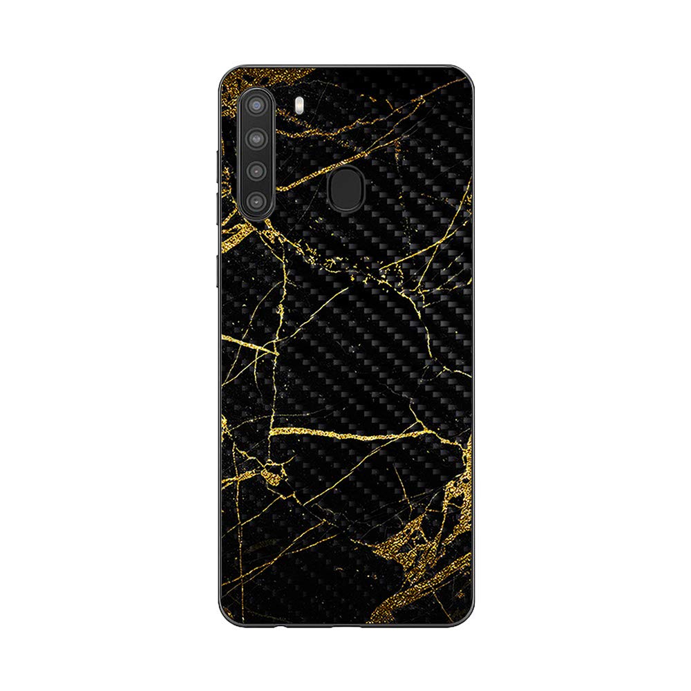Premium Carbon Fiber Skin for Samsung Galaxy A21 - Black Gold Marble Design | Protective & Durable Textured Cover | Easy Application | Made in USA | Perfect for Daily Use, Travel & Work Protection