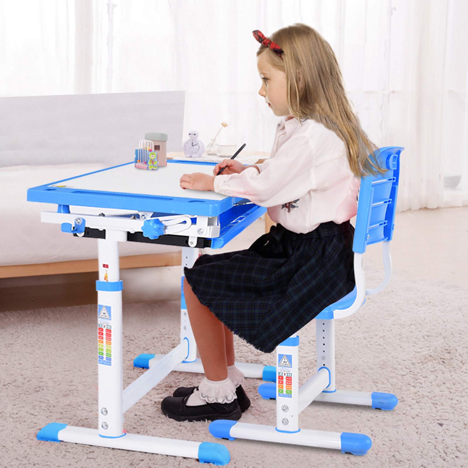 Adjustable Height Kids Study Desk and Chair Set - Ergonomic Wooden Tiltable Children's Learning Table for Boys & Girls Ages 3-18, Blue - Perfect for Homework, Online Classes & Creative Activities