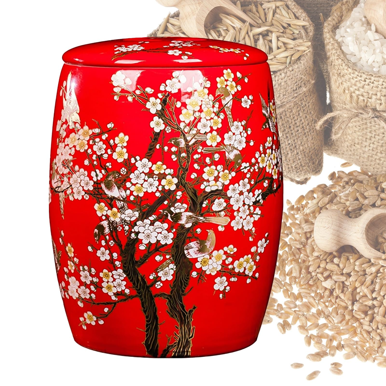 Airtight Ceramic Rice Storage Container 5KG/10KG/15KG/25KG - Large Food Dispenser with Lid for Rice, Noodles, Cereals & Snacks (Dark Red, 25KG) - Perfect for Kitchen Pantry Organization & Bulk Food Storage